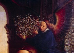 Um anjo a coroar a Virgem. Detalhe de "The Virgin of Chancellor Rolin" Nicolas Rolin (1376-1461) foi Chanceler de Borgonha sob o comando de Philippe Le Bon e fundador do Hospices de Beaune em 1443. Pintura de Jan van Eyck (1390-1441) de Jan van Eyck