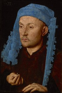 Holandês: Portret van onbekende een man met blauwe kaproen Homem com um boné azul / Homem com um anel / Retrato de um homem desconhecido com um boné azul de Jan van Eyck