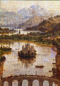 Paisagem" Detalhe de "The Virgin of Chancellor Rolin" Nicolas Rolin (1376-1461) foi Chanceler de Borgonha sob o comando de Philippe Le Bon e fundador dos Hospices de Beaune em 1443. Pintura de Jan van Eyck (1390-1441) de Jan van Eyck