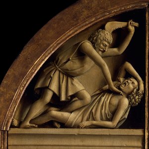 O Retábulo de Gante. Adoração do Cordeiro Místico: Caim mata Abel, 1432. de Jan van Eyck