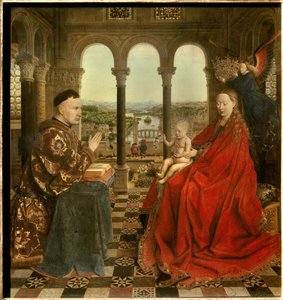 A Virgem do Chanceler Rolin Nicolas Rolin (1376-1461) foi Chanceler de Borgonha sob o governo de Philippe Le Bon e fundador do Hospices de Beaune em 1443. Pintura de Jan van Eyck (1390-1441). Sol do século XV. 0,66x0,62 m Paris, - The Virgin of Chancellor  de Jan van Eyck