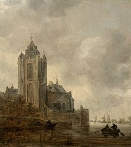 Uma igreja na margem de um rio. de Jan van Goyen