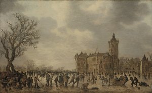 Uma paisagem de inverno com figuras a desportar no gelo junto ao Castelo de Montfoort de Jan van Goyen
