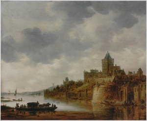 Holandês: Paisagem fluvial com vista para Valkhof, Nijmegen Paisagem fluvial com vista para Valkhof, Nijmegen de Jan van Goyen