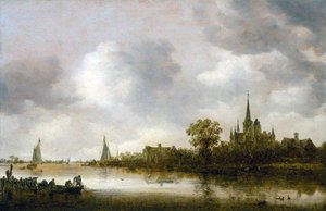 Paisagem fluvial com uma igreja ao longe de Jan van Goyen