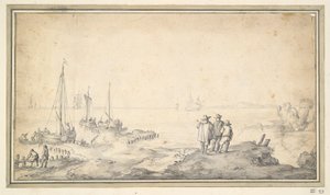 Três figuras numa Duna com vista para a Baía com Navios de Jan van Goyen