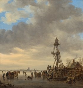 Paisagem de inverno com lago congelado, patinadores no gelo e torre de observação em madeira de Jan van Goyen