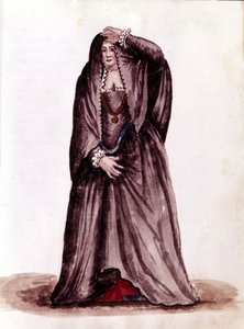 Uma cortesã veneziana no século XVIII. Desenho aquarelado e tinta do manuscrito "Costumes dos Venicianos" de Jan van Grevenbroeck (ou Giovanni Grevembroch (Grevenbroch) (1731-1807) de Jan van Grevenbroeck