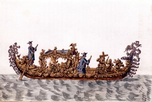 Uma gôndola real. Desenho aquarelado e tinta do manuscrito "Costumes dos Venicianos" de Jan van Grevenbroeck (ou Giovanni Grevembroch (Grevenbroch) (1731-1807) de Jan van Grevenbroeck