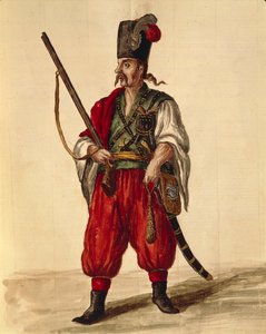 Uniforme carabineiros, de Jan van Grevenbroeck ou Giovanni Grevembroch (1731-1807), Gli Abiti de Veneziani, de livro ilustrado de fantasias, aguarela de Jan van Grevenbroeck