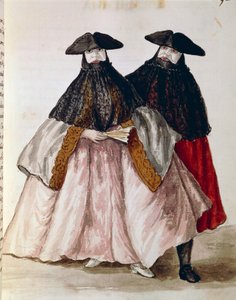Personagens de Carnaval em Veneza, ilustração do livro Ilustrado de trajes venezianos, de Jan Grevenbroeck (1731-1807), aguarela, Itália