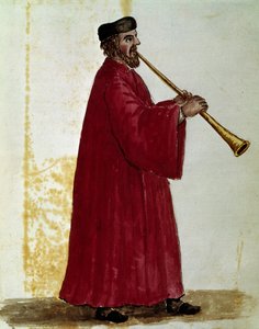 Tocador de flauta Desenho aquarelado e tinta do manuscrito "Costumes de Venicianos" de Jan van Grevenbroeck (ou Giovanni Grevembroch (Grevenbroch) (1731-1807) de Jan van Grevenbroeck