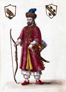 Marco Polo. Desenho aquarelado e tinta do manuscrito "Costumes dos Venicianos" de Jan van Grevenbroeck (ou Giovanni Grevembroch (Grevenbroch) (1731-1807)