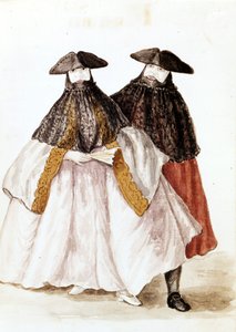 Máscaras do Carnaval de Veneza. Desenho aquarelado e tinta do manuscrito "Costumes dos Venicianos" de Jan van Grevenbroeck (ou Giovanni Grevembroch (Grevenbroch) (1731-1807)