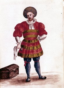 Comerciante de Veneza no século XV. Desenho aquarelado e tinta do manuscrito "Costumes dos Venicianos" de Jan van Grevenbroeck (ou Giovanni Grevembroch (Grevenbroch) (1731-1807)