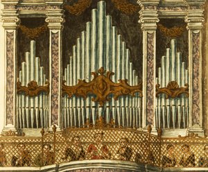 Órgão, detalhe da cantata de putte, de Giovanni Grevembroch. Itália de Jan van Grevenbroeck