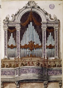 Canto dos órfãos, órgão do coro da igreja da Ospedale della Pieta, Veneza (Coro dos órfãos) Desenho aquarelado e tinta do manuscrito "Costumes dos Venicianos" de Jan van Grevenbroeck (ou Giovanni Grevembroch (Grevenbroch) (1731-1807) de Jan van Grevenbroeck