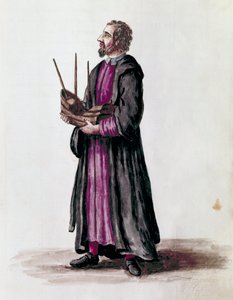 Representação de um arquiteto naval, ele segurou em suas mãos o modelo em miniatura do navio que ele construiu Detail. Desenho aquarelado e tinta do manuscrito "Costumes dos Venicianos" de Jan van Grevenbroeck (ou Giovanni Grevembroch (Grevenbroch) (1731-1 de Jan van Grevenbroeck