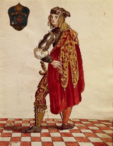 Fato de cavaleiro da Confraria de la Calza (meia) em 1564, de Jan van Grevenbroeck ou Giovanni Grevembroch (1731-1807), Gli Abiti de Veneziani, do livro ilustrado de fantasias, aguarela de Jan van Grevenbroeck