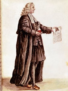 O boticário segurando em suas mãos um pequeno frasco e uma receita de receita médica Desenho de uma aquarela e tinta de um manuscrito de Jan van Grevenbroeck (ou Giovanni Grevembroch (Grevenbroch) (1731-1807) de Jan van Grevenbroeck