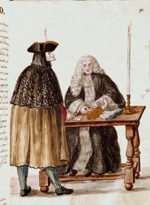 A sala de jogo: uma máscara de personagem na frente do croupier puxando cartas, moedas são coletadas na mesa Desenho aquarelado e tinta retirada de um manuscrito de Jan van Grevenbroeck (ou Giovanni Grevembroch (Grevenbroch) (1731-1807) de Jan van Grevenbroeck