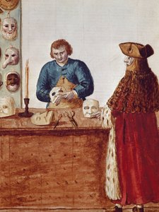 A loja de máscaras do Carnaval de Veneza: um personagem de máscara vem buscar uma máscara ao artesão Desenho aquarelado e tinta de um manuscrito de Jan van Grevenbroeck (ou Giovanni Grevembroch (Grevenbroch) (1731-1807)