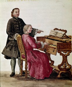 O cantor (O cantor de ópera tocando piano) Desenho aquarelado e tinta é tirada de Jan van Grevenbroeck (ou Giovanni Grevembroch (Grevenbroch) (1731-1807) de Jan van Grevenbroeck