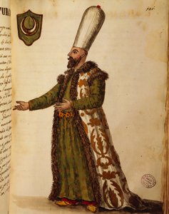 Embaixador turco em Veneza, gravura colorida de Giovanni di Grevembroch, de Gli abiti de veneziani (trajes de venezianos), volume II, placa 121 de Jan van Grevenbroeck
