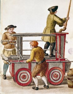 Uso de uma bomba de água ou bomba hidráulica Desenho aquarelado e tinta de um manuscrito de Jan van Grevenbroeck (ou Giovanni Grevembroch (Grevenbroch) (1731-1807) de Jan van Grevenbroeck