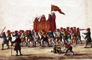 Festas venezianas. O príncipe que acaba de ser eleito é levado em triunfo pelos trabalhadores do Arsenal para a Praça de São Marcos. Durante o curso ele atira moedas para a multidão. Desenho aquarelado e tinta é tirada do manuscrito "Costumes dos Veniciano de Jan van Grevenbroeck