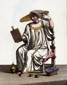 O método das mulheres venezianas para clarear o cabelo ao sol nos séculos XVII - XVIII. Desenho aquarelado e tinta do manuscrito "Costumes dos Venicianos" de Jan van Grevenbroeck (ou Giovanni Grevembroch (Grevenbroch) (1731-1807) de Jan van Grevenbroeck