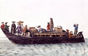 Barco da lagoa de Veneza para transporte de pessoas e mercadorias. Desenho aquarelado e tinta do manuscrito "Costumes dos Venicianos" de Jan van Grevenbroeck (ou Giovanni Grevembroch (Grevenbroch) (1731-1807) de Jan van Grevenbroeck
