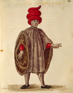 Jovem usando "Dogalina", túnica formal com mangas largas, de Jan van Grevenbroeck ou Giovanni Grevembroch (1731-1807), Gli Abiti de Veneziani, de livro ilustrado de fantasias, aguarela de Jan van Grevenbroeck