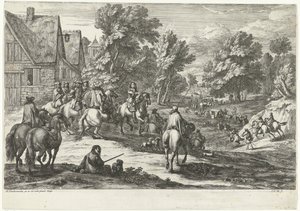 Vista de uma aldeia com cavaleiros em primeiro plano de Jan van Huchtenburg