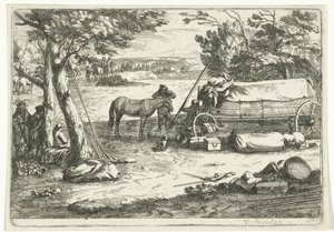 Paisagem com carroça e figuras de Jan van Huchtenburg