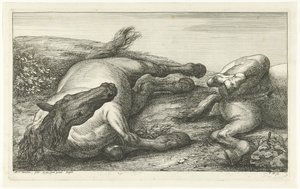Dois cavalos caídos, o esquerdo visto de frente Cavalos Mortos (título da série) de Jan van Huchtenburg