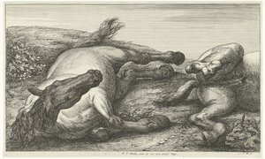 Dois cavalos caídos, o esquerdo visto de frente Cavalos Mortos (título da série) de Jan van Huchtenburg