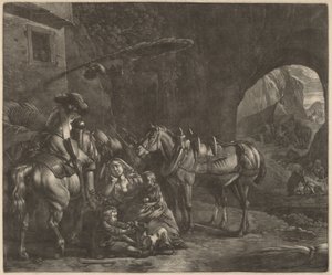 Mãe com dois filhos e um cavalo na frente de uma pousada de Jan van Huchtenburgh