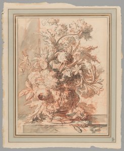 Flores numa urna decorada com putti, sobre um plinto de Jan van Huysum