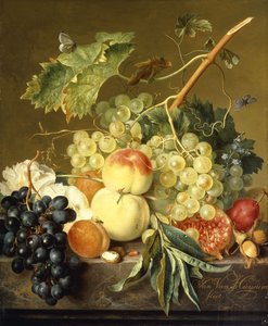 Frutas, Avelãs e Hollyhocks em uma borda de mármore,