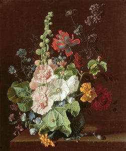 Hollyhocks e outras flores em um vaso, 1702-20