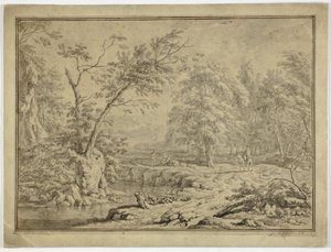 Paisagem com pastores pelo rio e homem a cavalo de Jan van Huysum