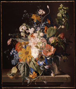 Papoilas, Hollyhock, corriola, viola, margaridas, ervilha doce, malmequeres e outras flores em um vaso com um caracol na borda