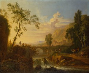 Uma paisagem arborizada com um casal de camponeses por uma Tumba e pescadores por uma Cascata (petróleo) de Jan van Huysums