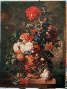 "" Buquê de flores "" (Flores) Também está representado um ninho com ovos e insetos (incluindo borboleta, mosca, formiga e joaninha) Pintura de Jan van Huysums (1682-1749) 1722 Museu Hermitage São Petersburgo de Jan van Huysums