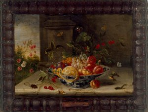 Composição decorativa de natureza morta com tigela de porcelana, frutas e insetos, meados do séc.