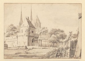 Vista do Bergpoort e Bergkerk em Deventer de Jan van Kessel