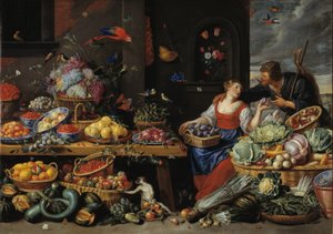 Mercado de frutas e legumes com um jovem vendedor de frutas de Jan van Kessel d.Æ.
