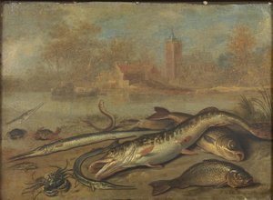Peixes e paisagem de Jan van Kessel the Elder