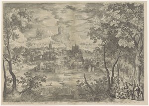 Paisagem com Cristo exorcizando um demónio de um homem mudo
Ejicit è misero Dominus Cacodaeomona Mito Protinus Obsessus Obsessus verba diserta sonat spiritibus Christus stygiis dominatur, et illos, Cogit ad imperium cedere sua sede (título sobre o objecto
